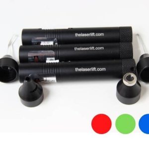 A set of three black plastic handles with different colored knobs.