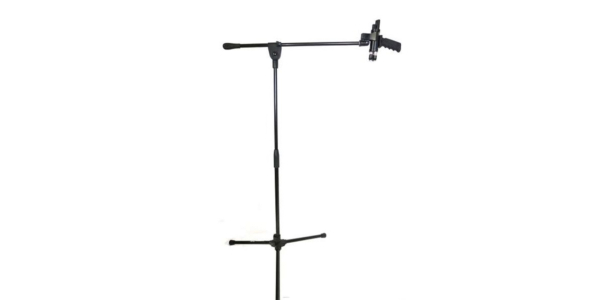 A microphone stand with two microphones on it.
