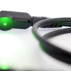 A green light is on the end of an electric cord.