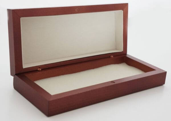 A wooden box with a lid open and the inside of it.