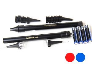 A pair of black pens and two blue pens.