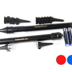 A pair of black pens and two blue pens.