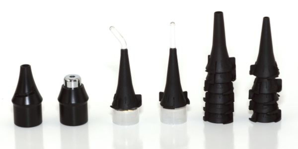 A group of black plastic cones on top of a table.