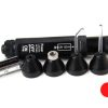 A set of black plastic caps and tools.